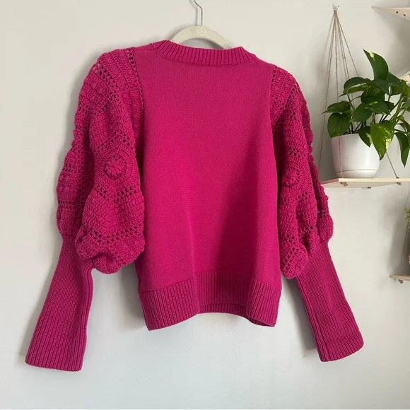 🩷FATE HOT PINK BARBIE CORE HAND KNIT CROCHET BALLOON SLEEVE SWEATER SIZE MEDIUM - Picture 8 of 13